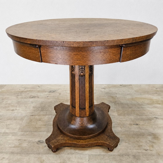 Image 1 of Antieke Eiken houten Art Deco Speeltafel / kaart tafel  / ronde eettafel (uitschuifbaar)