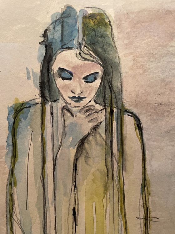 Image 1 of Aquarel ingelijst met passe-partout in antiek lijstje A4formaat titel:”Maak  Ruimte Voor Je Hart”