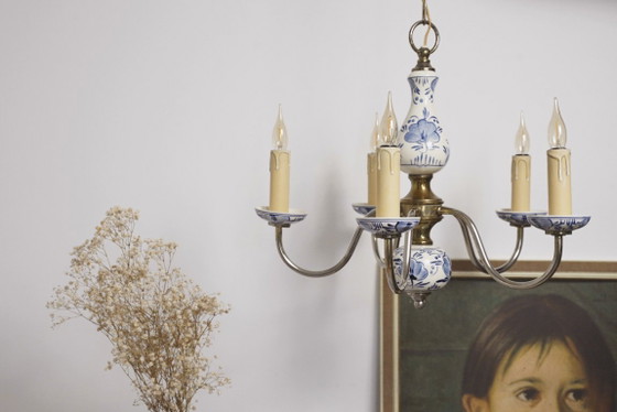 Image 1 of Antique Delft Blue Porcelain Chandelier Dutch Ceramic Ceiling Light Blue White Farmhouse Cottagecore Lighting