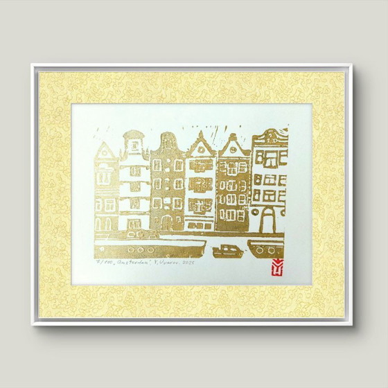 Image 1 of Amsterdam – Gold on White Linocut Print, а4