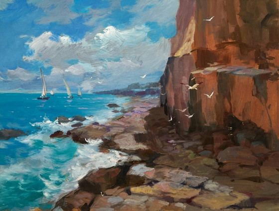 Image 1 of Original Oil Painting Coastal Rock Landscape Sailing towards a dream