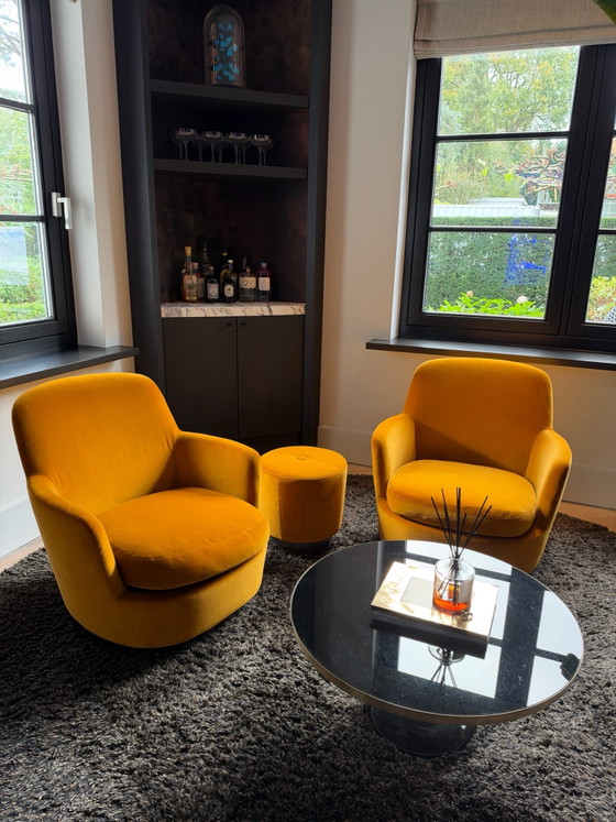 Minotti Jacques fauteuils pivotants + pouf, Chaises pivotantes, Textile, Velours, Jaune (photo 3 sur 5)