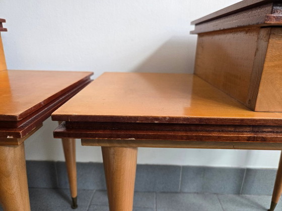 Image 1 of PAIR OF ASYMMETRICAL VINTAGE BEDSIDE TABLES FROM THE 1960s IN VARNISHED BEECH & BRASS