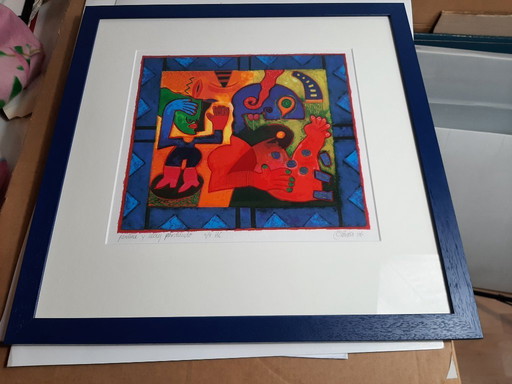 Clemens Briels. Zeefdruk, Titel  is "pantine y alerg perdundo". 