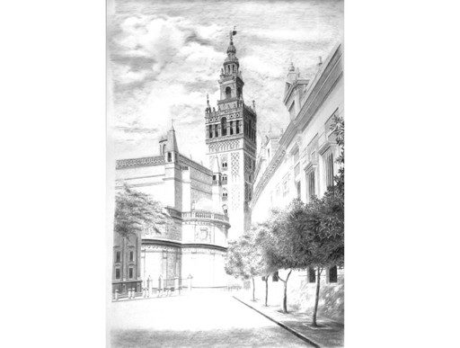 Dibujo a Carbón de la Catedral y Giralda de Sevilla. Giralda. Cuadro Giralda y Catedral. Sevilla Dibujo de la Giralda y Catedral