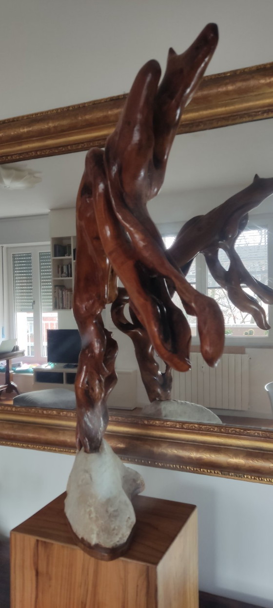 Image 1 of Organic Sculpture "Greyhound" in Solid Wood on a Stone Base – Biomorphic Natural Art