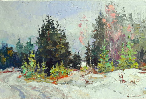 Original Oil Painting Nature Landscape Winter Forest Snow Getting Dark