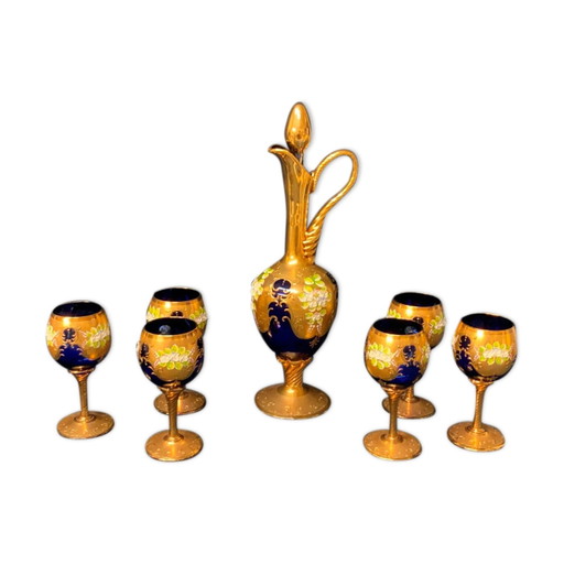 Service à décanter en verre de Murano avec six verres à vin, feuille d'or 24 carats – Bleu. – glazen karaffen, Crystal, Glass