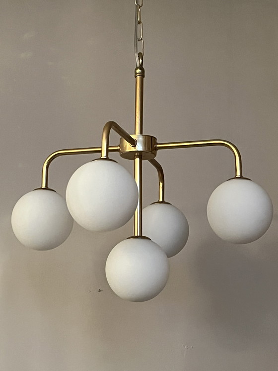 Image 1 of Vintage Spherical Pendant Lamp Gold Frame Milk Glass