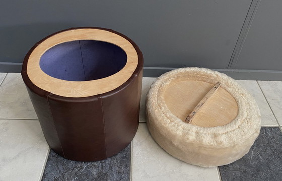 Image 1 of Bruine poef van kunstleer uit de jaren 70 van VEB, model 26W Raphael