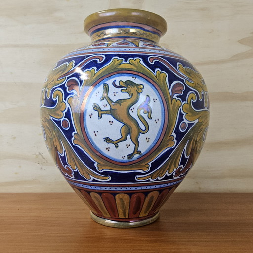 Vaso italiano vintage in maiolica con leone rampante (altezza 27 cm), vaso colorato (fatto a mano)