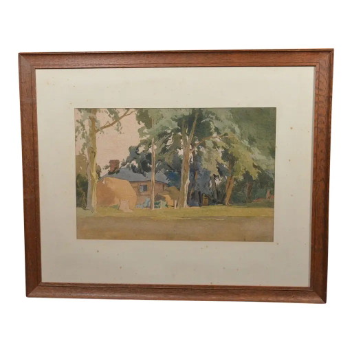 Antieke Aquarel Toegeschreven aan Berenger Bengier, Landschap met Rietgedekte Cottage