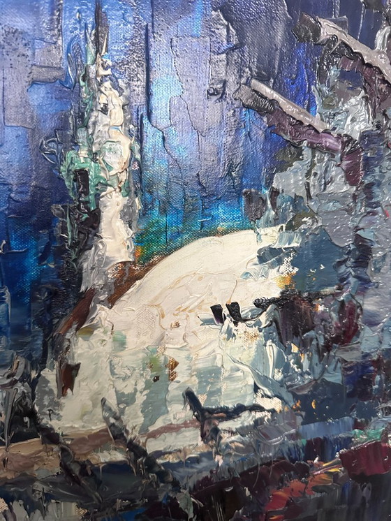 Image 1 of Johannes H.H. Bévort – Abstract-expressionistisch stadsgezicht / marktscène – olieverf op doek (1971)