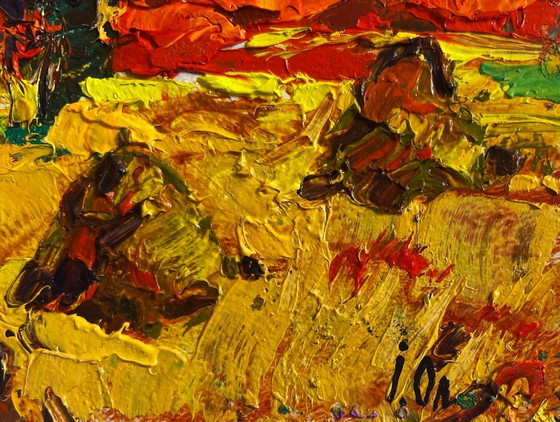 Image 1 of Original Oil Painting Autumn Nature Landscape The sun sets in the field