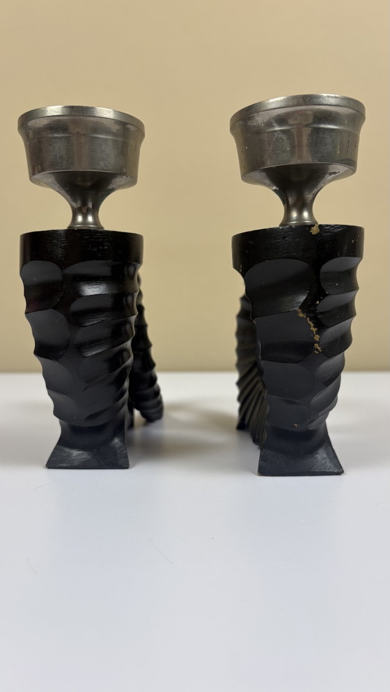 Image 1 of 2 x Vintage Chapman black chrome horn candlesticks bronze