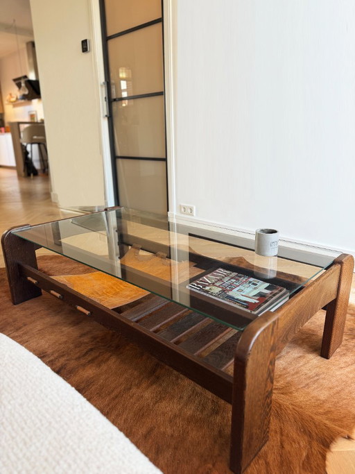 Vintage Mid-Century glass coffee table – Wenge wood & leather