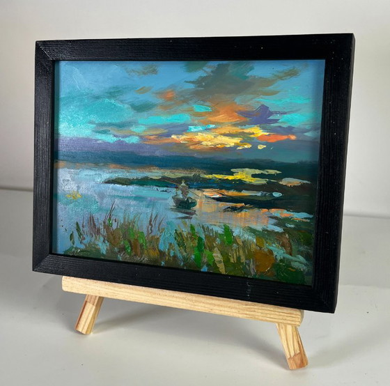 Impressionistisches Landschafts-Ölgemälde mit Boot und Sonnenuntergangsfischen, Gemälde & Zeichnungen, Holz (Foto 3 von 11)