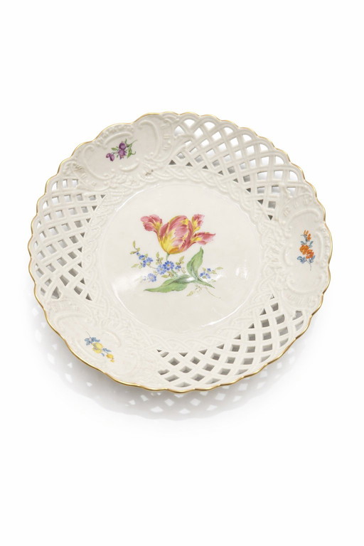 Bol exquis en porcelaine réticulée de Meissen – Décor floral peint à la main – 24,5 cm