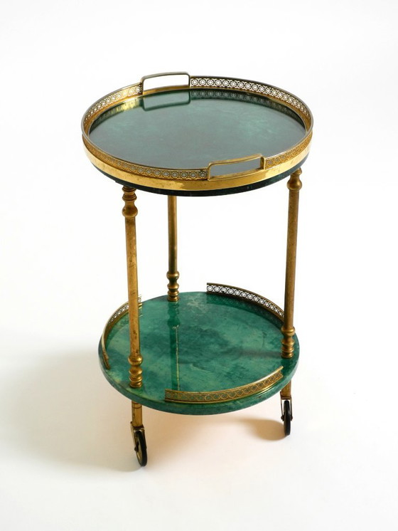 Image 1 of Round, small 1960s Aldo Tura serving or bar trolley in green goatskin leather | Made in Italy