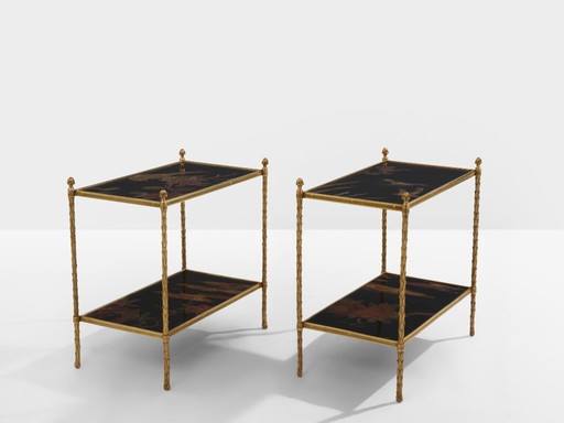 Maison Baguès foliage gilt bronze chinoiserie lacquered end tables 1940s