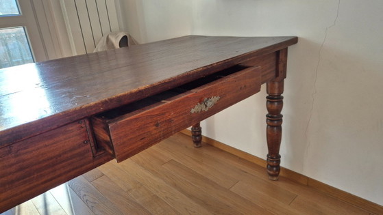 Antieke, rustieke tafel van massief hout met 2 lades – 19e eeuw – Eettafels, Wood (photo 3 of 5)
