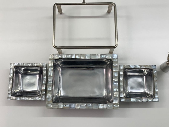 Image 1 of Art Deco Style Silver-Plated and Mother-of-Pearl Tiered Hors d'Oeuvres Serving Caddy with Matching Cocktail Picks