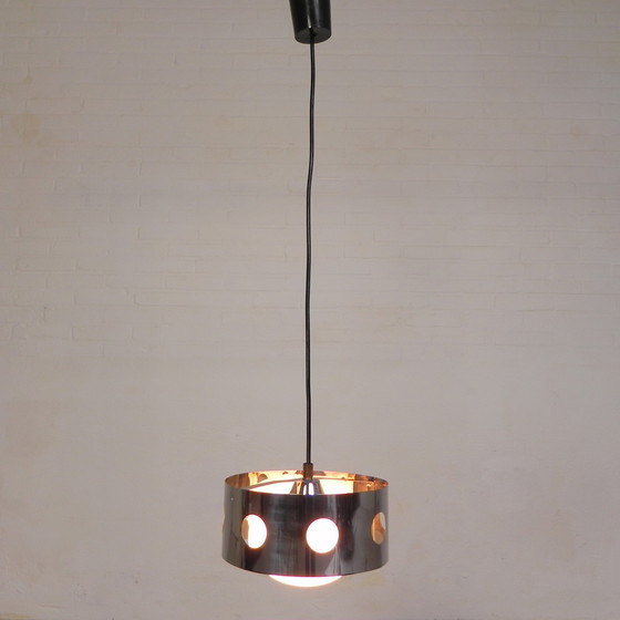 Image 1 of Vintage Hanglamp Met Chromen Cilinder En Glazen Bol