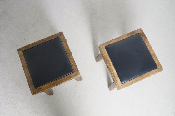 Image 1 of Rustic Oak Stools, 1940s French Hand-Carved Farmhouse Milking Stools, Fireplace Chalet Mountain Decor with Studded Leather Seats