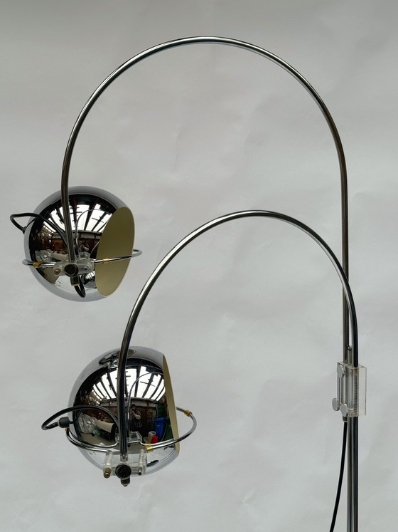 Image 1 of Vintage Gepo Amsterdam Chrome Eyeball lamp uit de jaren 70 - Dubbele boog, Space Age-stijl