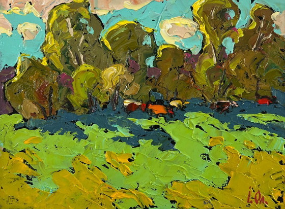 Image 1 of Original Oil Painting Summer Trees Landscape Where the field meets the forest