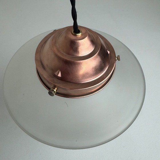 OLD ART-DECO 1930 FROSTED GLASS PENDANT LAMP, Copper, Black, Vintage (photo 12 of 12)