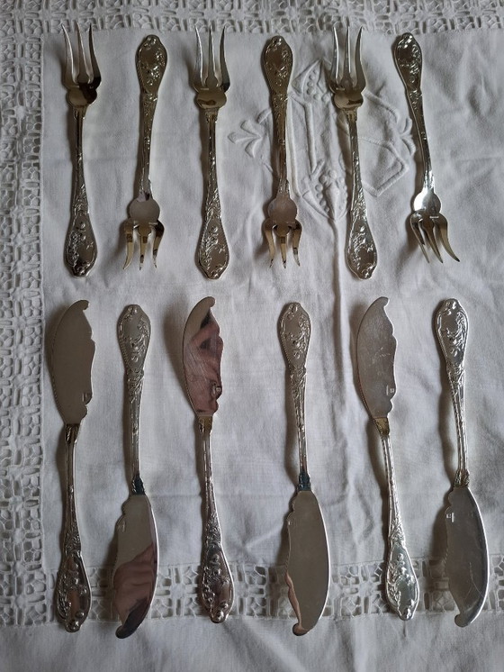 Image 1 of 6 couverts à poisson argentés art nouveau 'Chardons' orfèvre Boulenger