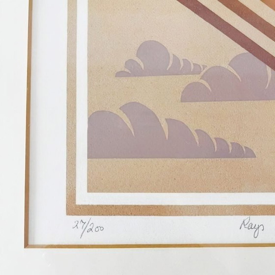 Image 1 of Vintage mid-century modern framed signed Ian W. King art print "Rays" 1974