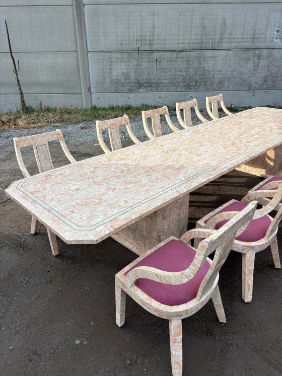 Mesa de comedor de mármol con diseño de teselado de Maitland & Smith con 10 sillas. – Mesas de jardín (photo 7 of 7)