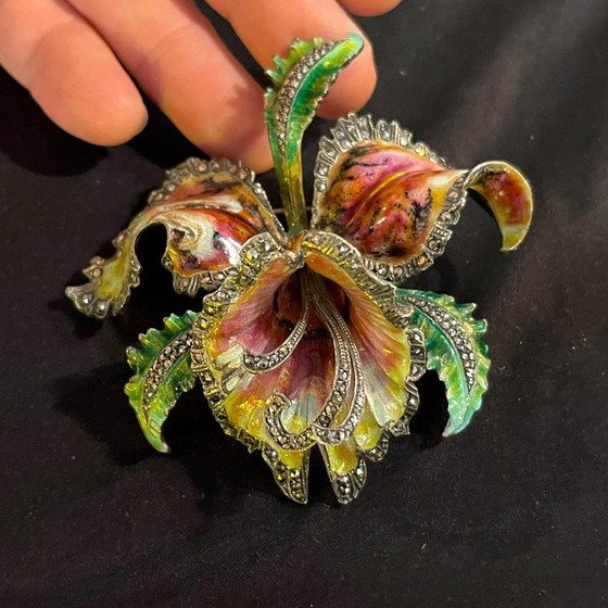 Spilla fiore di orchidea o iris smaltata in argento Mid-Century – Oggetti decorativi, Metal, Art Nouveau (photo 2 of 14)