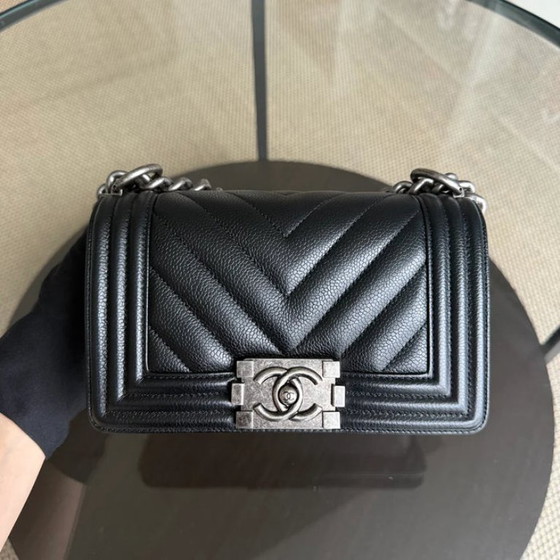 Image 1 of Chanel Boy Small - Caviar 20cm Chevron Grained Calfskin Black Leboy Ruthenium Silver Hardware Series 28