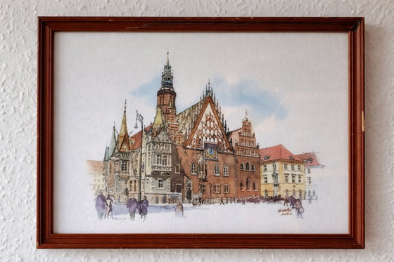 Image 1 of Original Signed Watercolor | Wrocław (Breslau) Town Hall, Poland | M. Ody, 2000