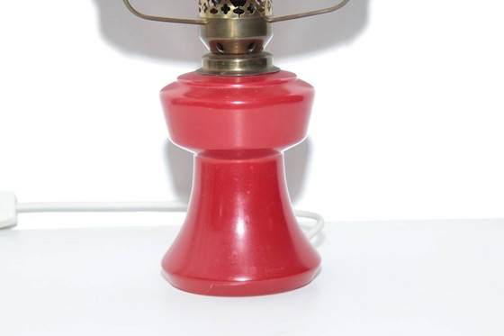Image 1 of Petroleum lamp, red glass shade, opal glass, GDR 1970s nostalgia