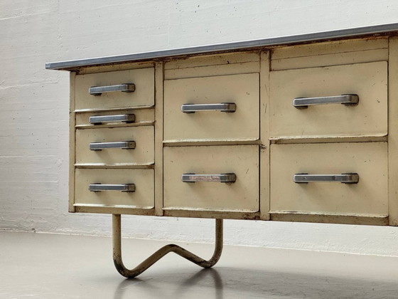 Image 1 of Industriële dressoir met roestvrijstalen blad, authentiek studio meubilair uit de jaren 50
