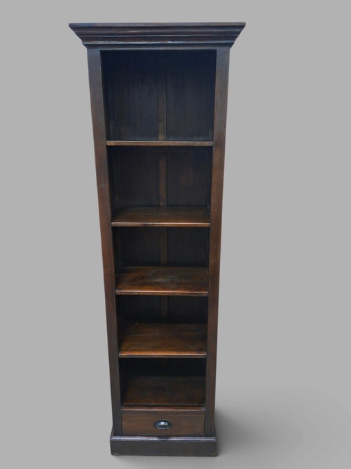 Classic narrow teak wood bookcase dimensions: 59x37cm and 190cm high.