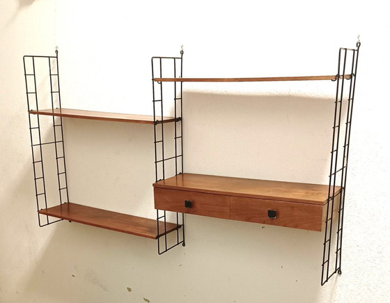 Image 1 of groot vijftiger jaren wandrek met lades en schappen 