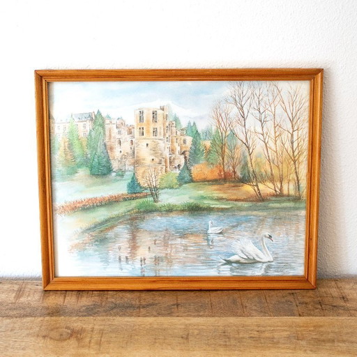 Aquarelprint van kasteel Beaufort Luxemburg, door Bernadette Voz, ingelijst