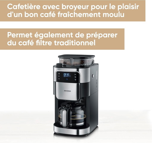 SEVERIN Cafetière Filtre Avec Broyeur, 1 000W, 1,4L, Jusqu'à 10 tasses, Sélecteur d'arôme, Ecran tactile, Inox Brossé/Noir,KA 48