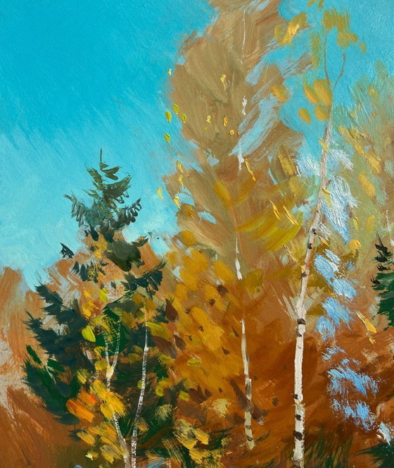 Image 1 of Original Oil Painting Snow Forest Landscape Winter path in the forest