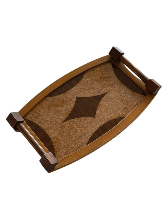 Vintage houten marqueterie dienblad - Art Deco, Tafelaccessoires, Bruin (foto 5 van 12)