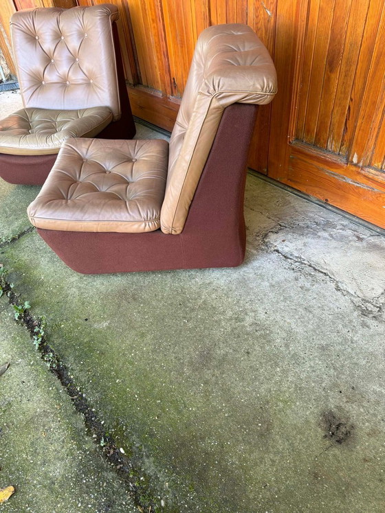 Set of Mid-Century Modern Brown Leather and Fabric Chairs, 1960s – Armchairs, Mid Century Modern (photo 6 of 8)