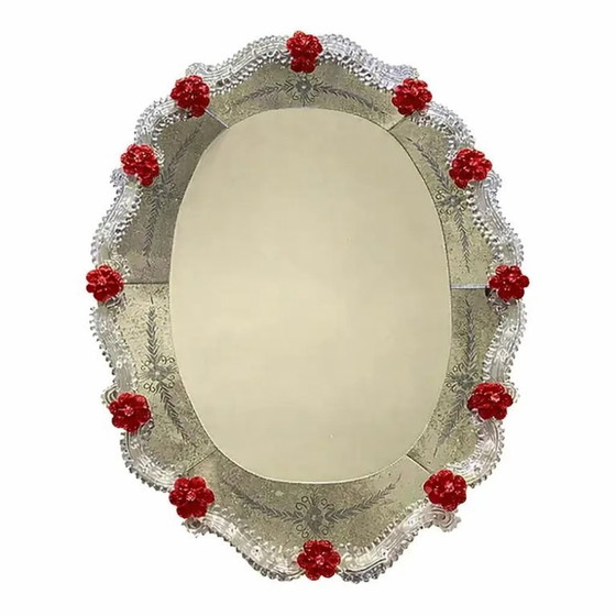 Image 1 of Venetian Murano Glass Oval Red Floral Wall Mirror – Hand-Carved Italian Art