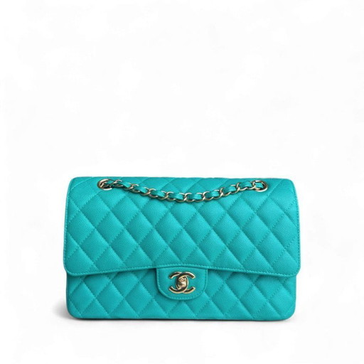 Chanel Classic Flap Medium - Caviar 25CM Gewatteerd Cyaanblauw Goudkleurige Hardware Serie 23