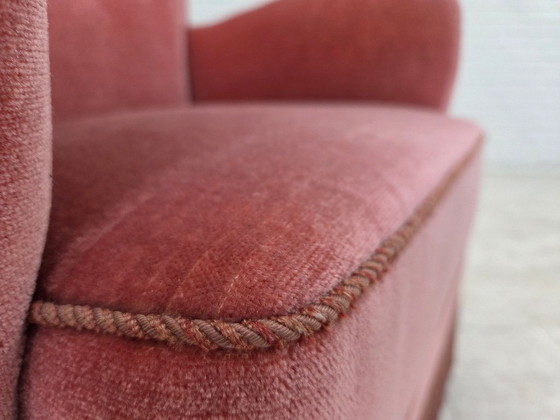 Image 1 of 1970s, Danish armchair, salmon pink furniture velour, oak wood.