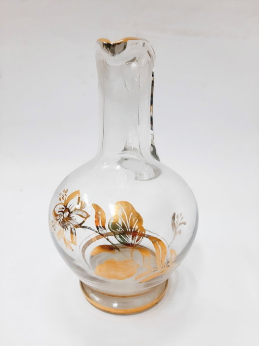 Vintage 1960s Glass Pitcher, Golden Floral Pattern